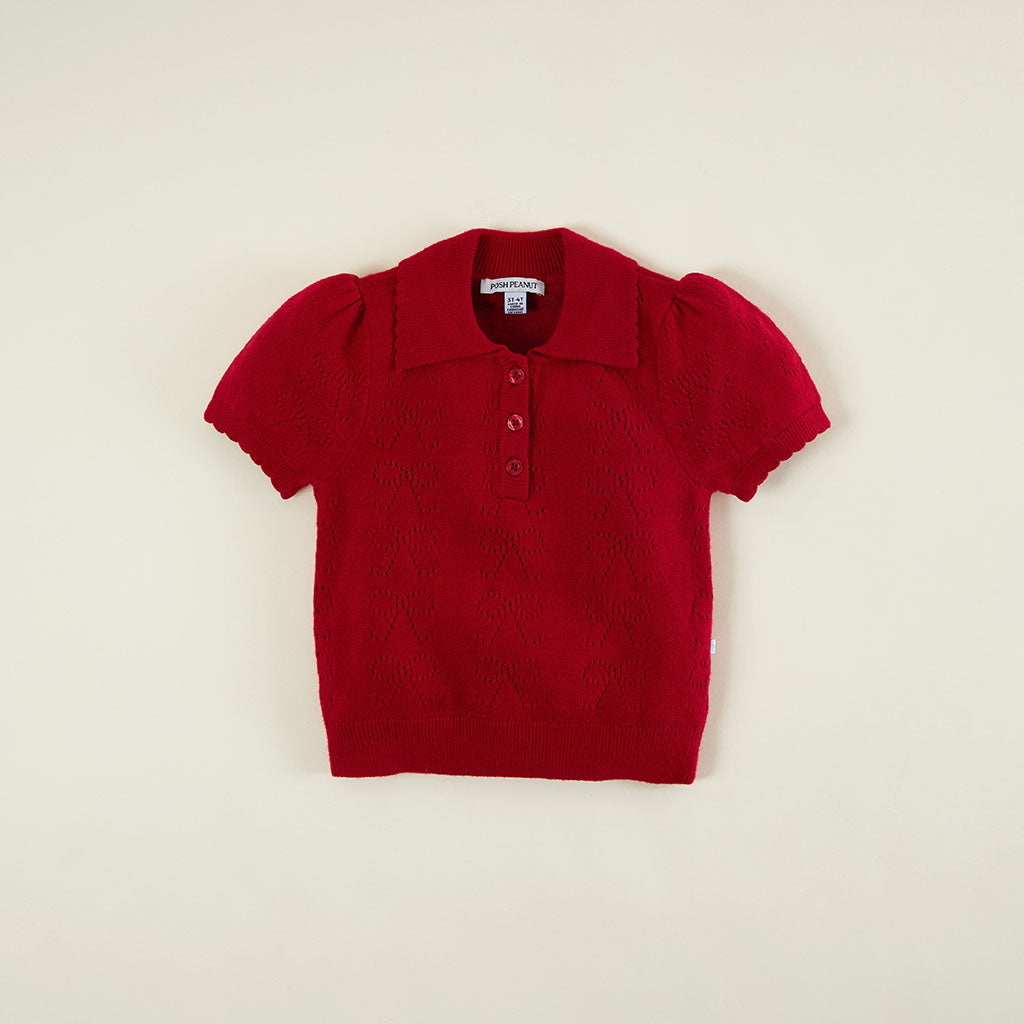 Crimson Red Pointelle Sweater Polo