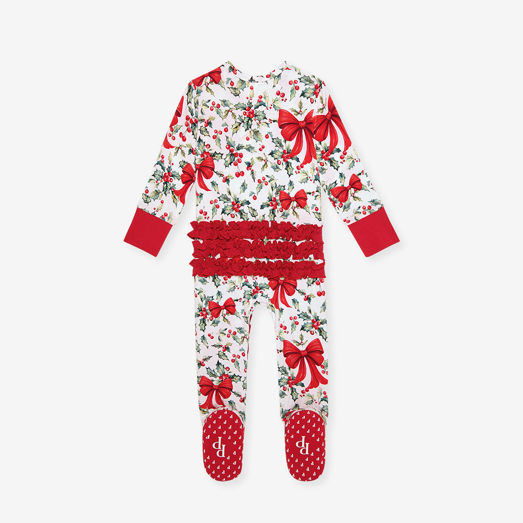 Happy Holly-days Footie Ruffled Zippered One Piece