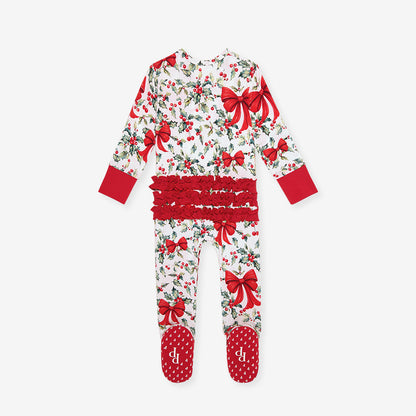 Happy Holly-days Footie Ruffled Zippered One Piece