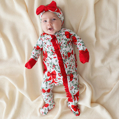 Happy Holly-days Footie Ruffled Zippered One Piece