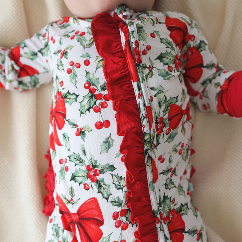Happy Holly-days Footie Ruffled Zippered One Piece