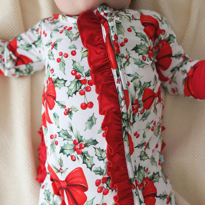 Happy Holly-days Footie Ruffled Zippered One Piece