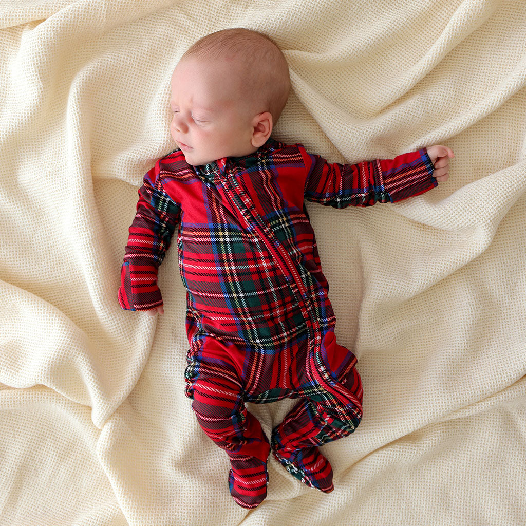 Red Tartan Plaid Footie Zippered One Piece