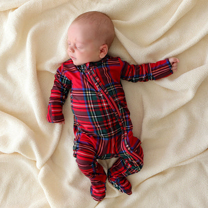Red Tartan Plaid Footie Zippered One Piece