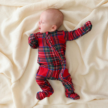 Red Tartan Plaid Footie Zippered One Piece