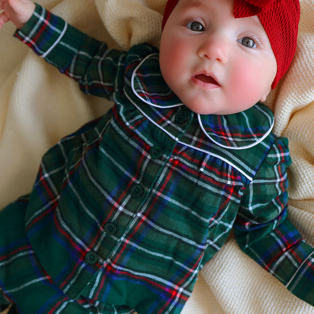 Green Tartan Plaid Flannelette Ruffled Pajama Set