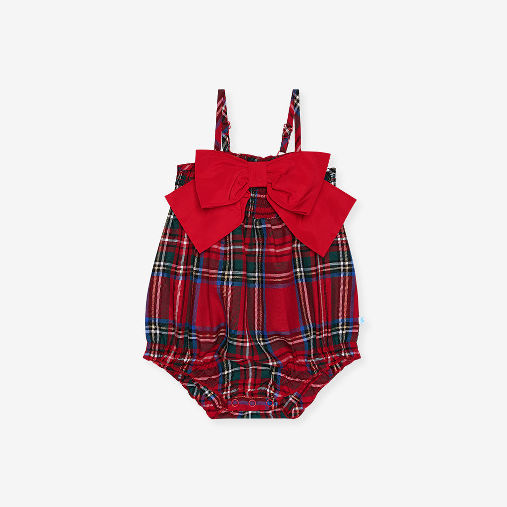 Red Tartan Plaid Smocked Bow Bubble Romper