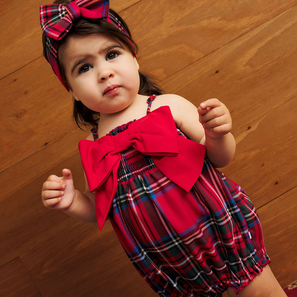 Red Tartan Plaid Smocked Bow Bubble Romper