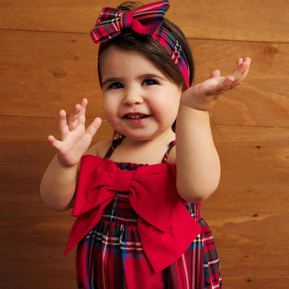 Red Tartan Plaid Smocked Bow Bubble Romper