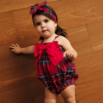 Red Tartan Plaid Smocked Bow Bubble Romper