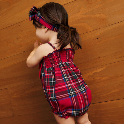Red Tartan Plaid Smocked Bow Bubble Romper