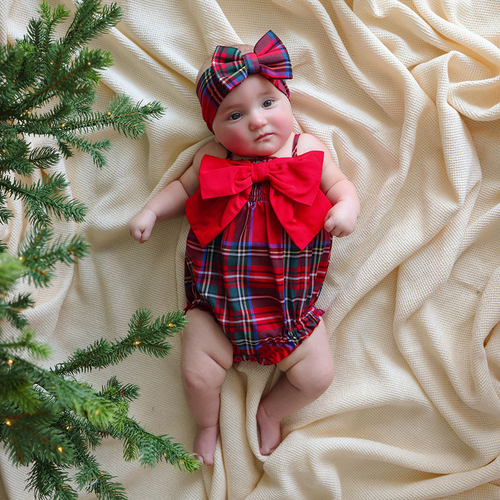 Red Tartan Plaid Smocked Bow Bubble Romper