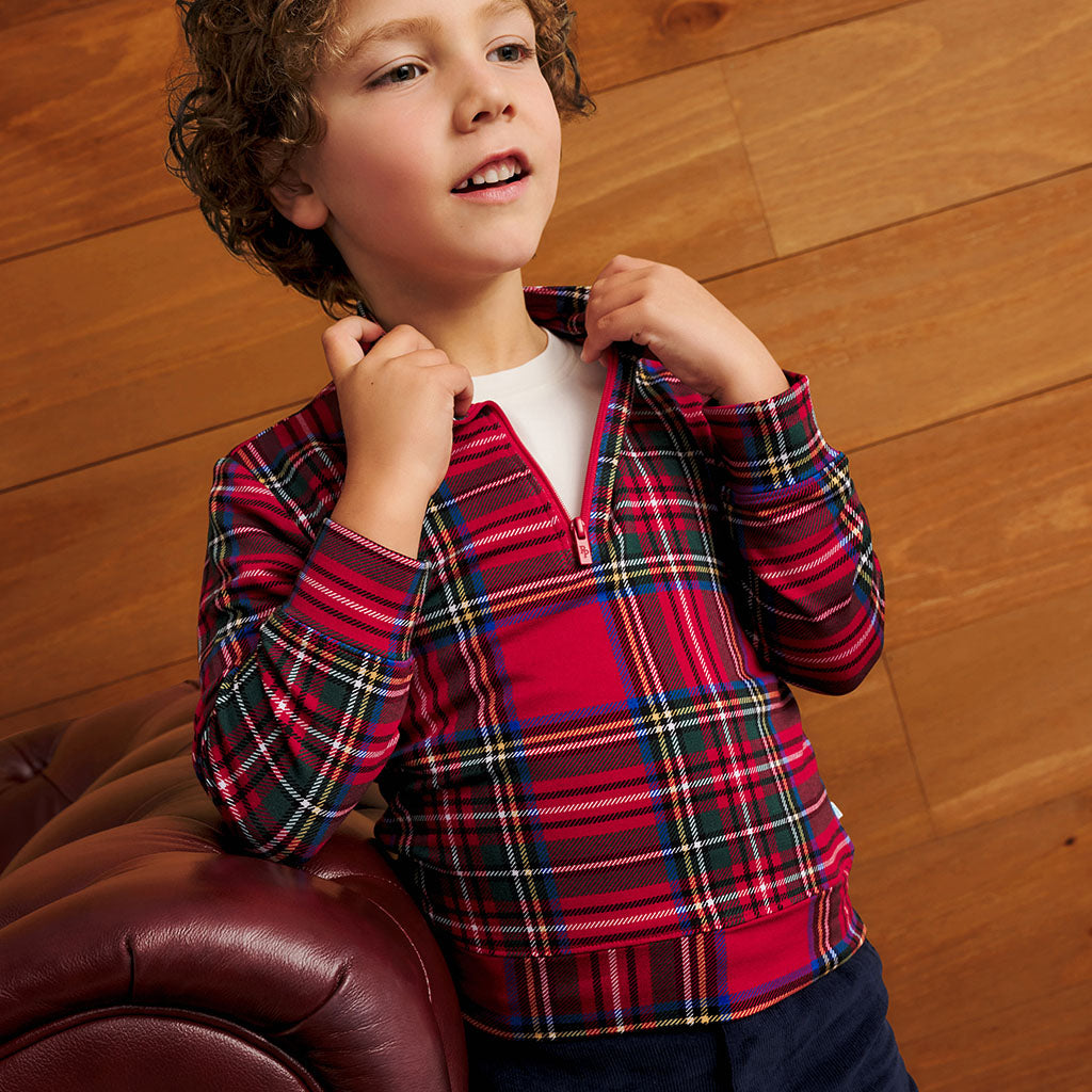 Red Tartan Plaid French Terry Quarter Zip Sweatshirt