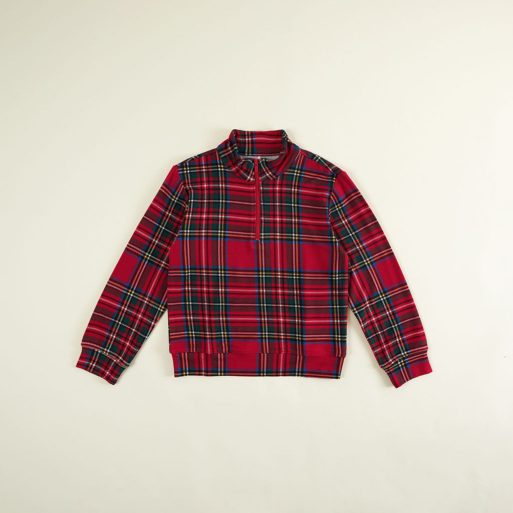 Red Tartan Plaid French Terry Quarter Zip Sweatshirt