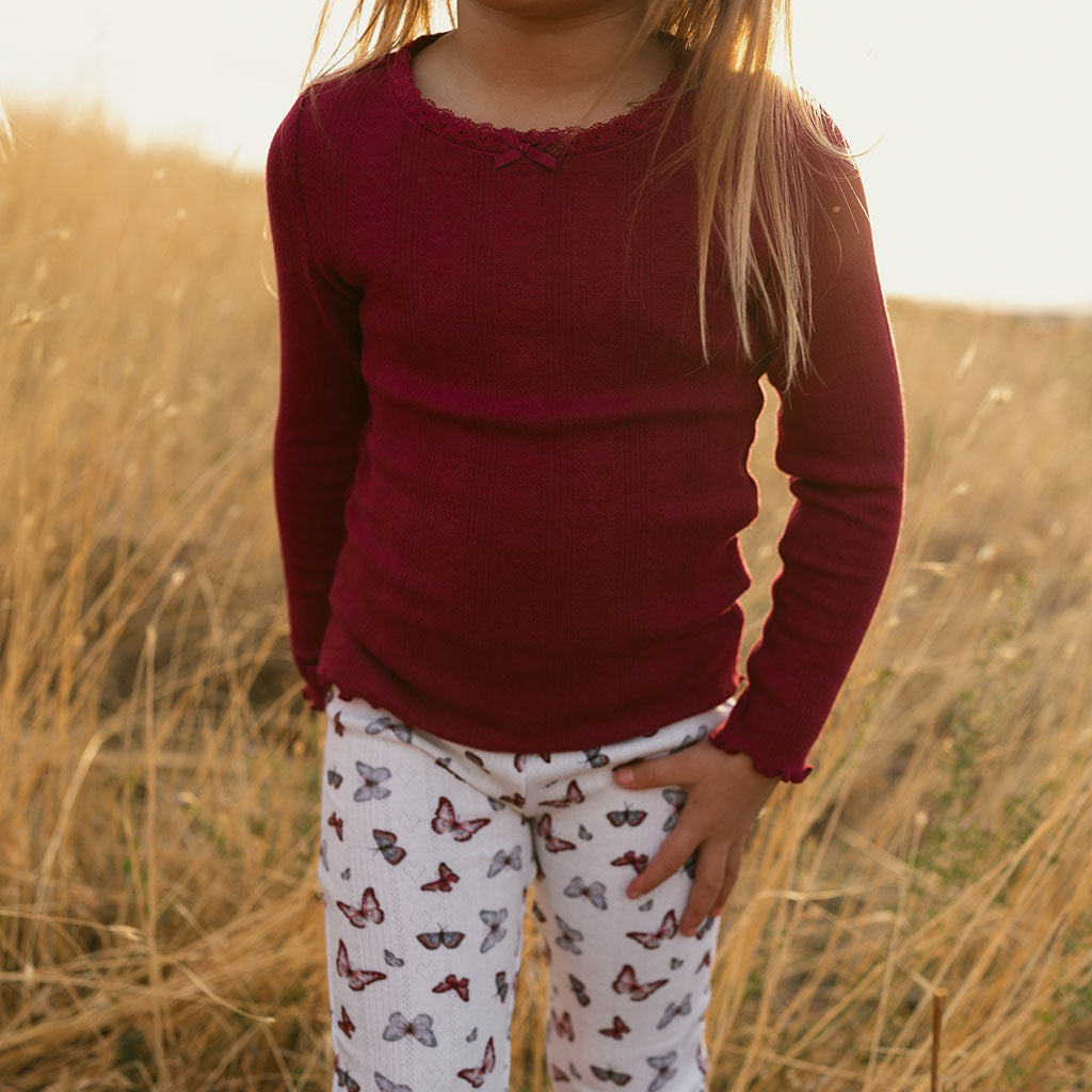 Burgundy Pointelle Lettuce Edge Shirt