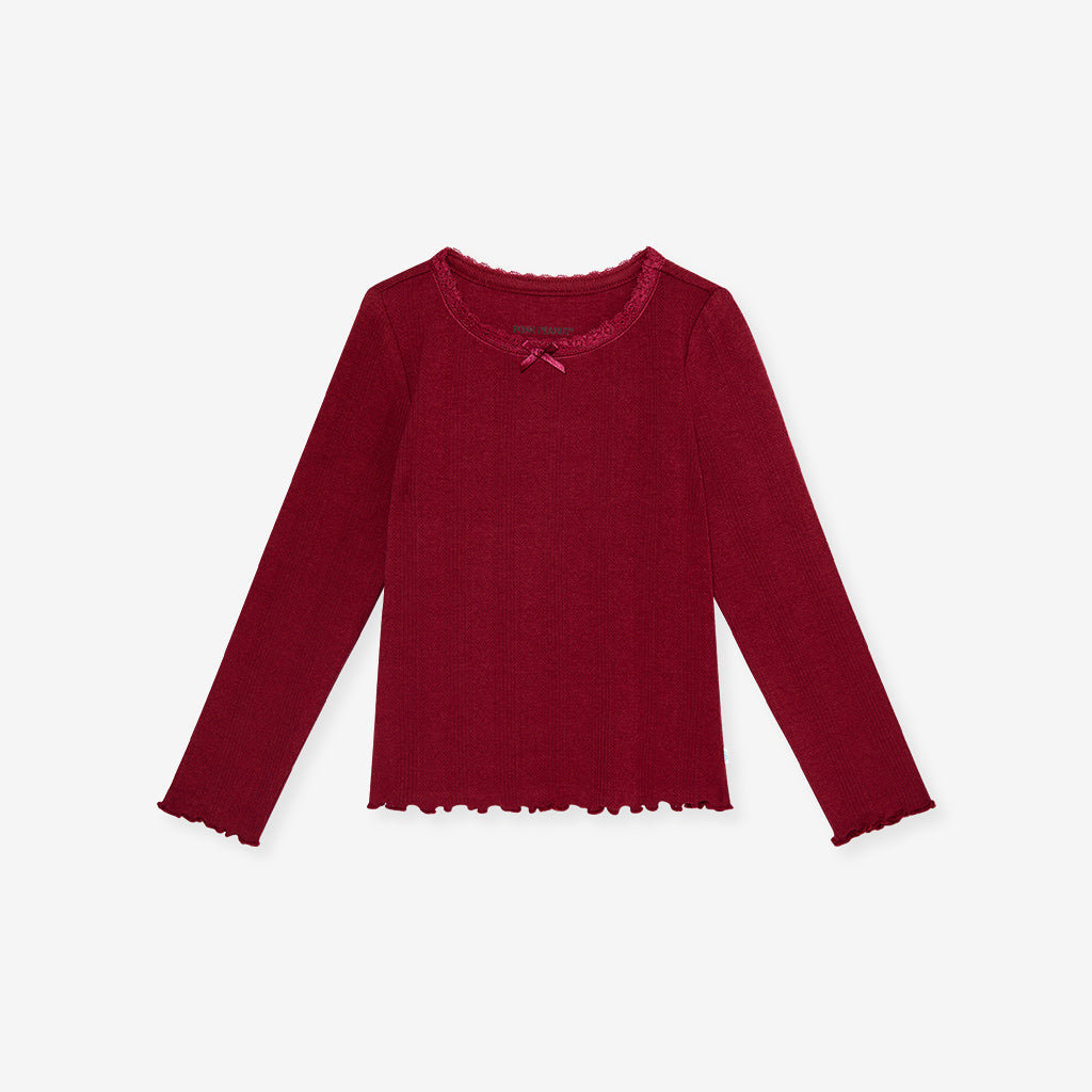 Burgundy Pointelle Lettuce Edge Shirt