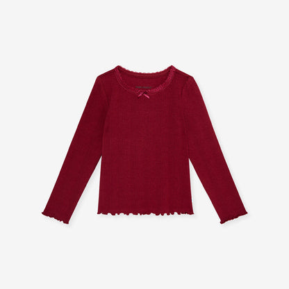 Burgundy Pointelle Lettuce Edge Shirt