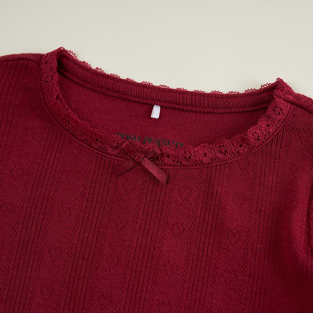 Burgundy Pointelle Lettuce Edge Shirt