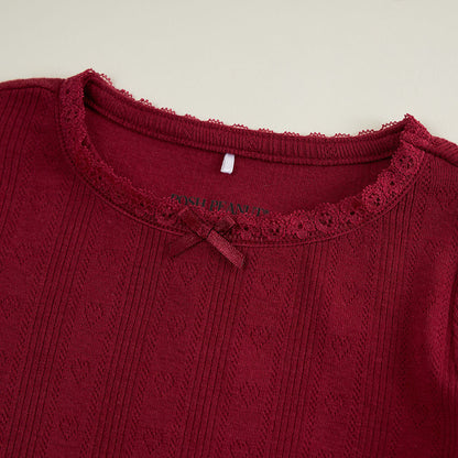 Burgundy Pointelle Lettuce Edge Shirt