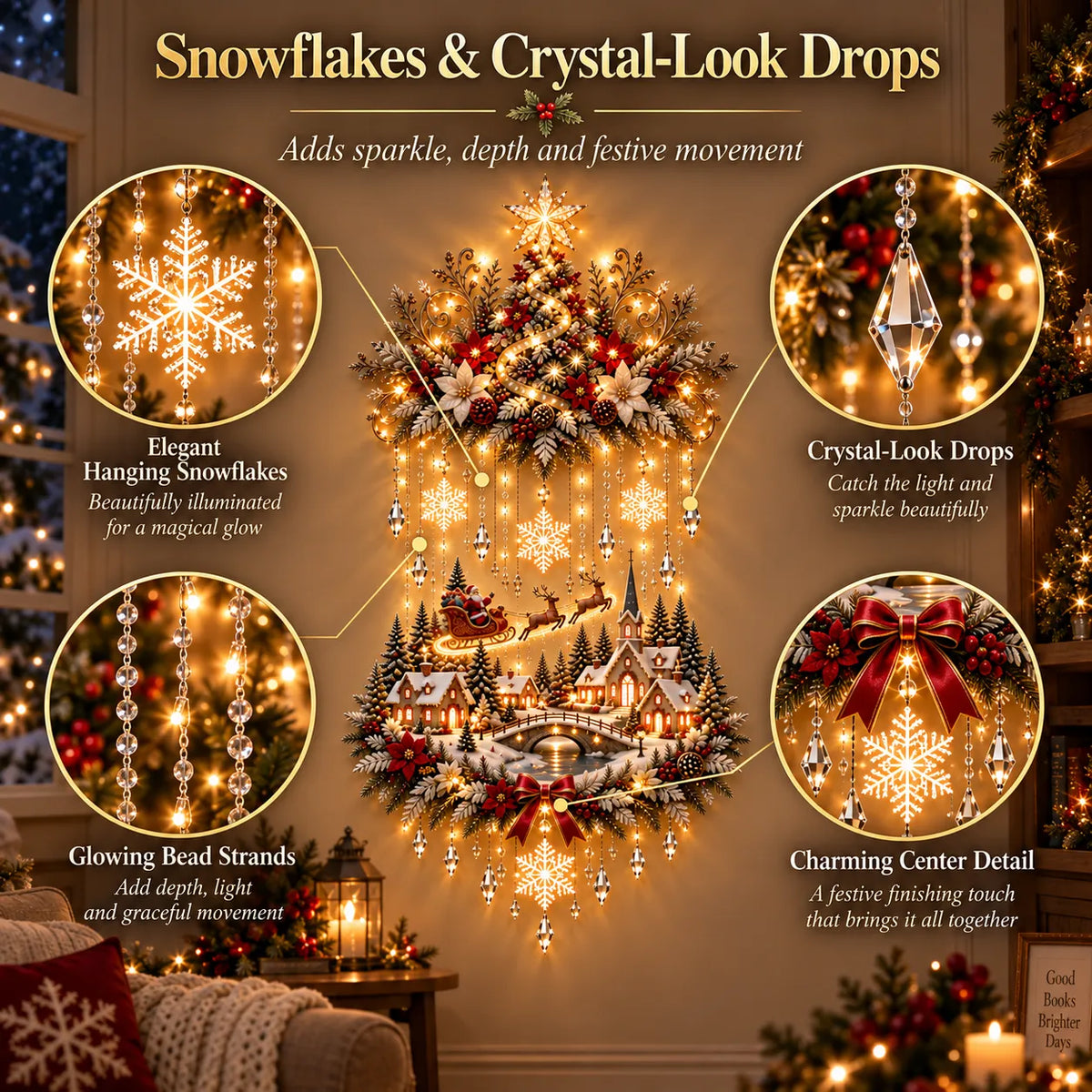 ✨Illuminated Christmas Tree & Village Wall Hanging | 🎄 Cascading Warm Lights for Living Rooms, Entryways & Staircases ✨