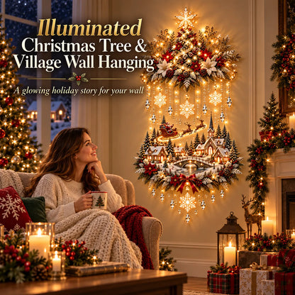 ✨Illuminated Christmas Tree & Village Wall Hanging | 🎄 Cascading Warm Lights for Living Rooms, Entryways & Staircases ✨