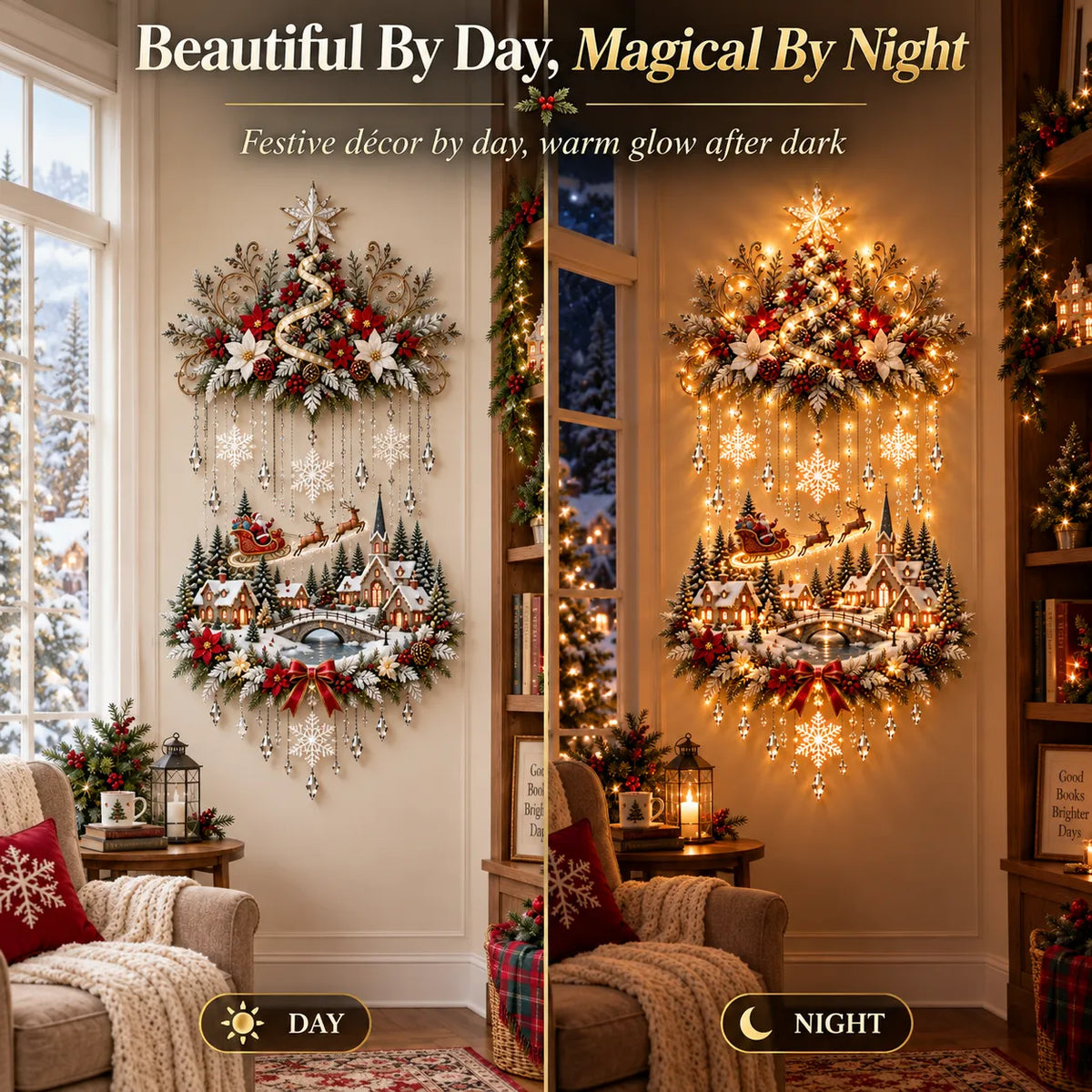 ✨Illuminated Christmas Tree & Village Wall Hanging | 🎄 Cascading Warm Lights for Living Rooms, Entryways & Staircases ✨