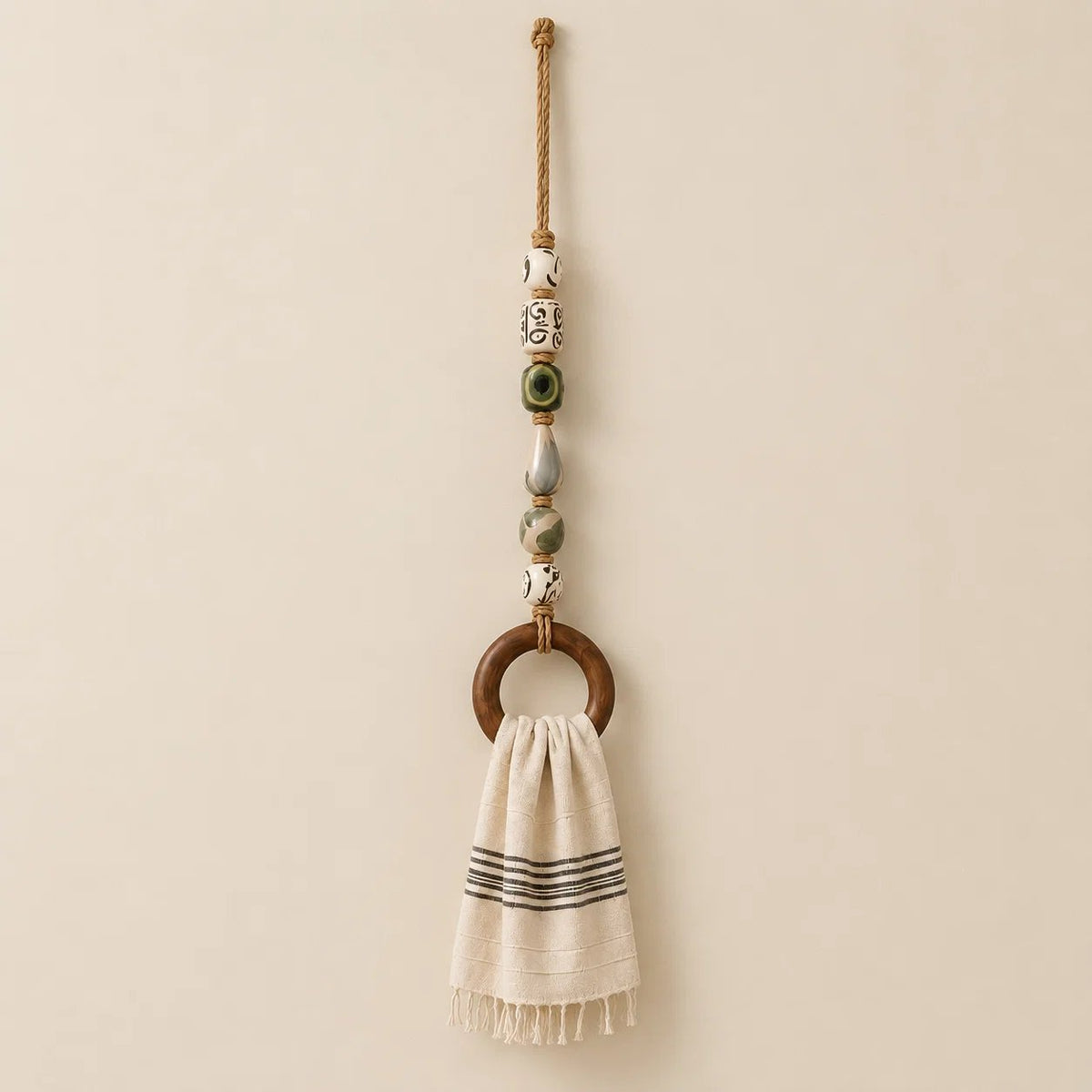 ✨ Decorative Beaded Towel Hanger with Rustic Wooden Ring 🪵