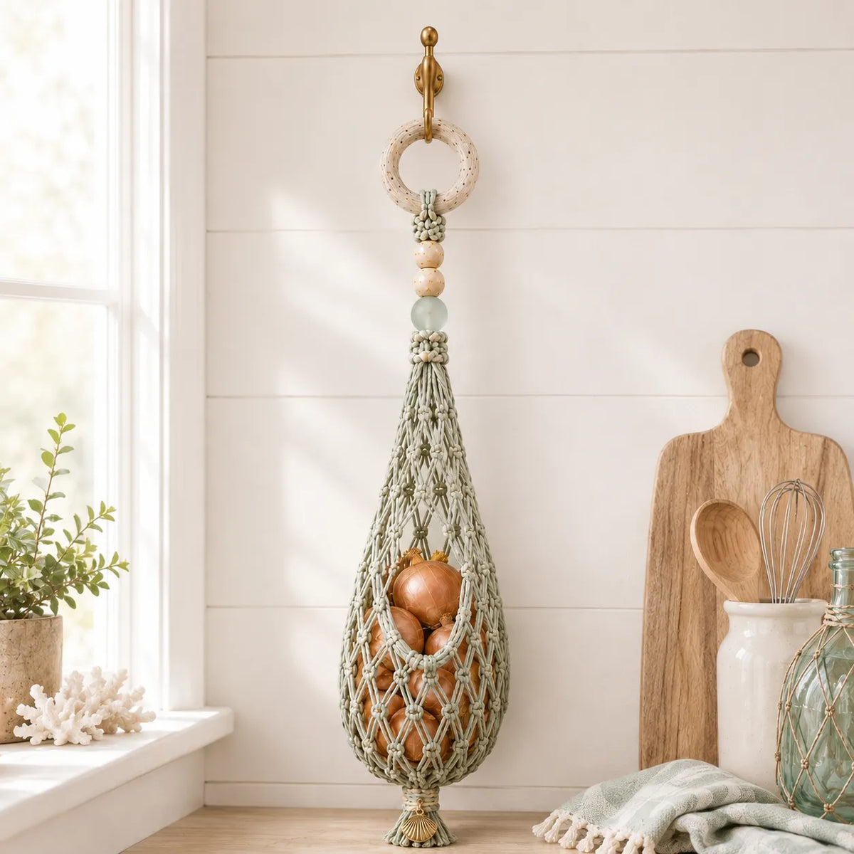🌊 🥔 Coastal Hanging Produce Storage – Handwoven Breathable Organizer with Easy Side Access