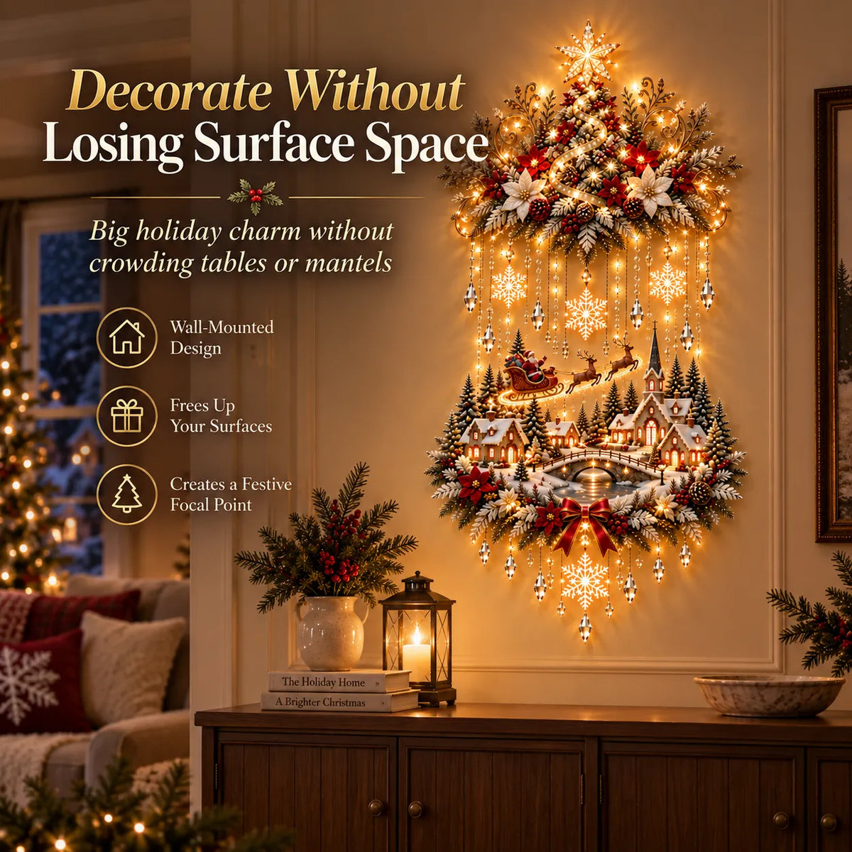 ✨Illuminated Christmas Tree & Village Wall Hanging | 🎄 Cascading Warm Lights for Living Rooms, Entryways & Staircases ✨