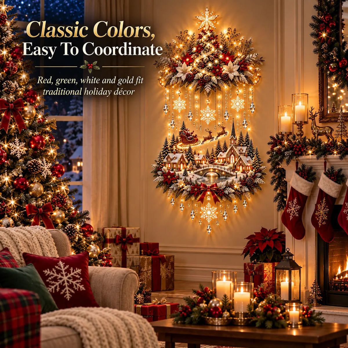 ✨Illuminated Christmas Tree & Village Wall Hanging | 🎄 Cascading Warm Lights for Living Rooms, Entryways & Staircases ✨