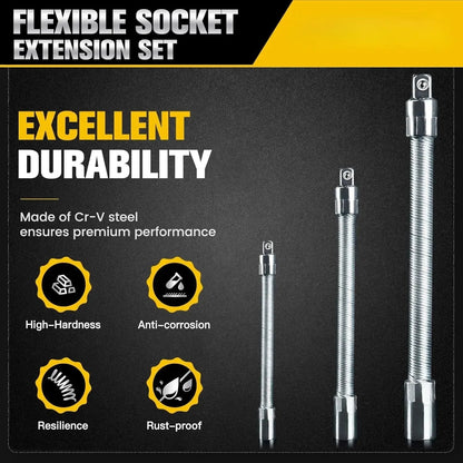 2026 Hot Sale💖1/2 Inch 35cm Socket Ratchet Wrench Set - 3 Bendable Shafts, Wrench Extender Tool, Connecting Rod