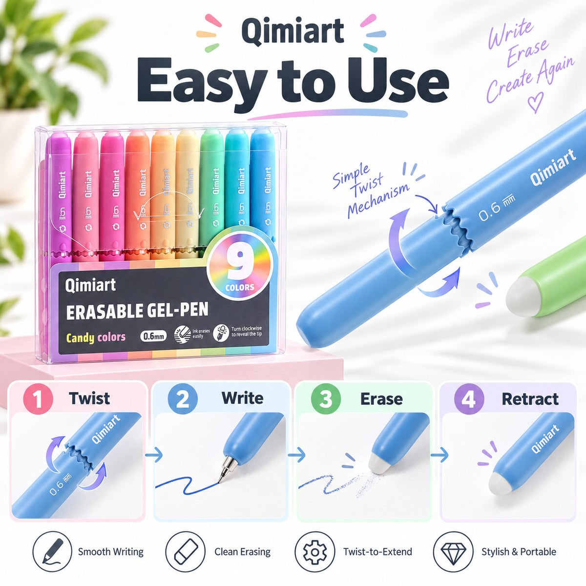 ✍️ 9-Color Erasable Gel Pen Set — 0.6mm Quick-Dry Twist Pens 🎨