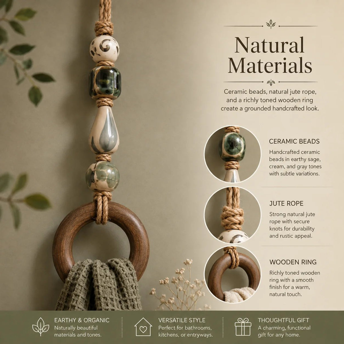✨ Decorative Beaded Towel Hanger with Rustic Wooden Ring 🪵
