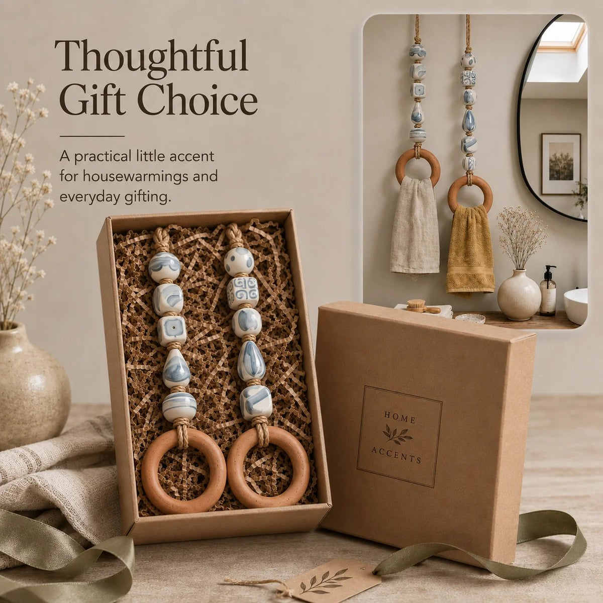 ✨ Decorative Beaded Towel Hanger with Rustic Wooden Ring 🪵