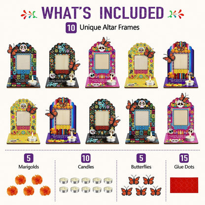 Día de los Muertos Complete Ofrenda Altar Kit – 10 Wooden Photo Frames with Marigolds & Accent Decor