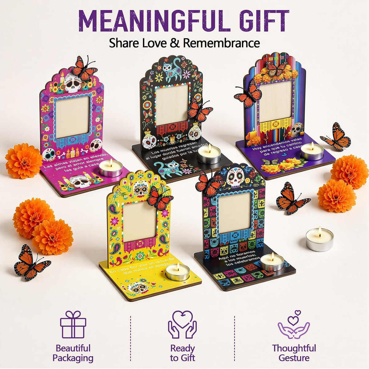 Día de los Muertos Complete Ofrenda Altar Kit – 10 Wooden Photo Frames with Marigolds & Accent Decor