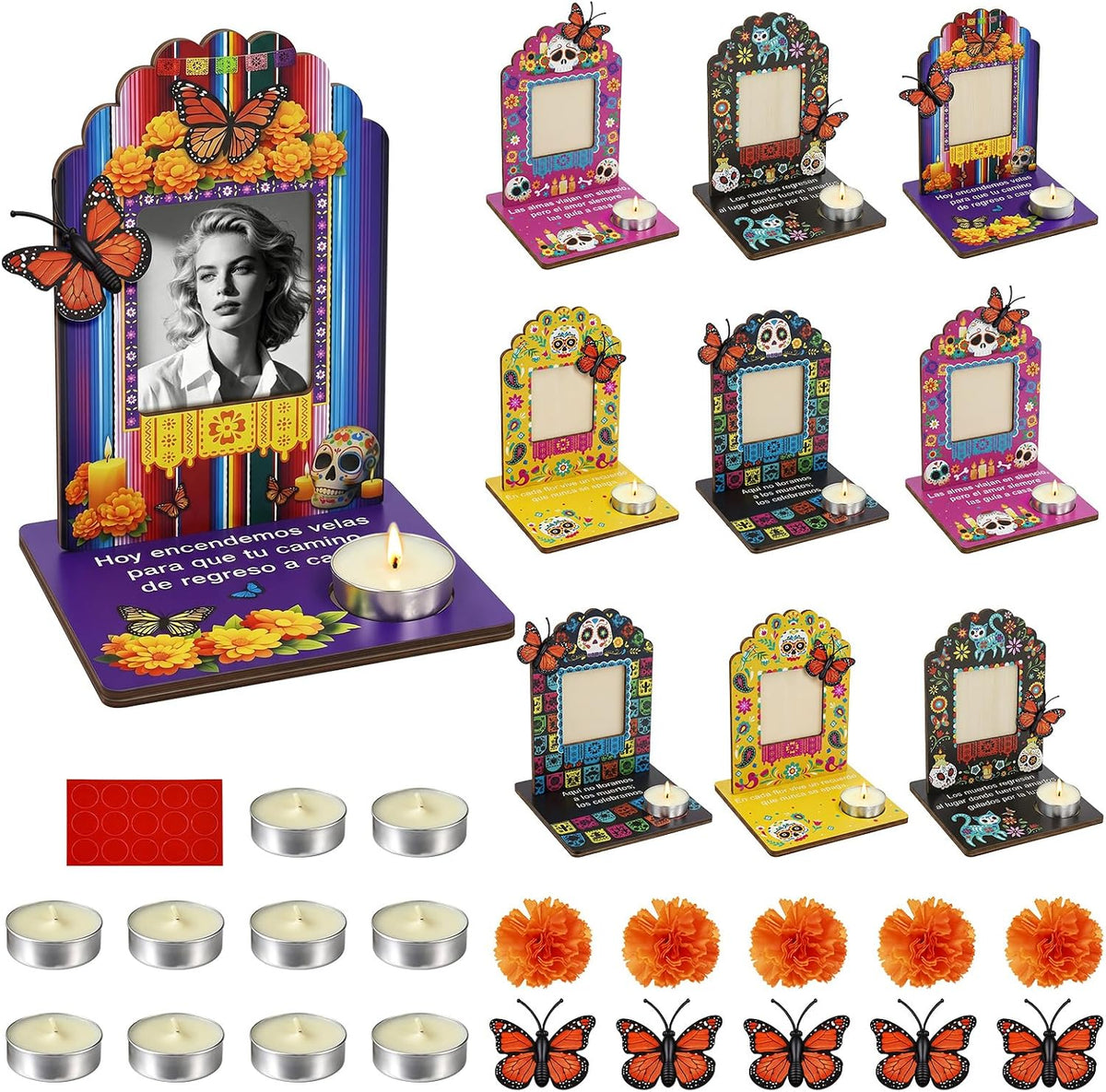 Día de los Muertos Complete Ofrenda Altar Kit – 10 Wooden Photo Frames with Marigolds & Accent Decor