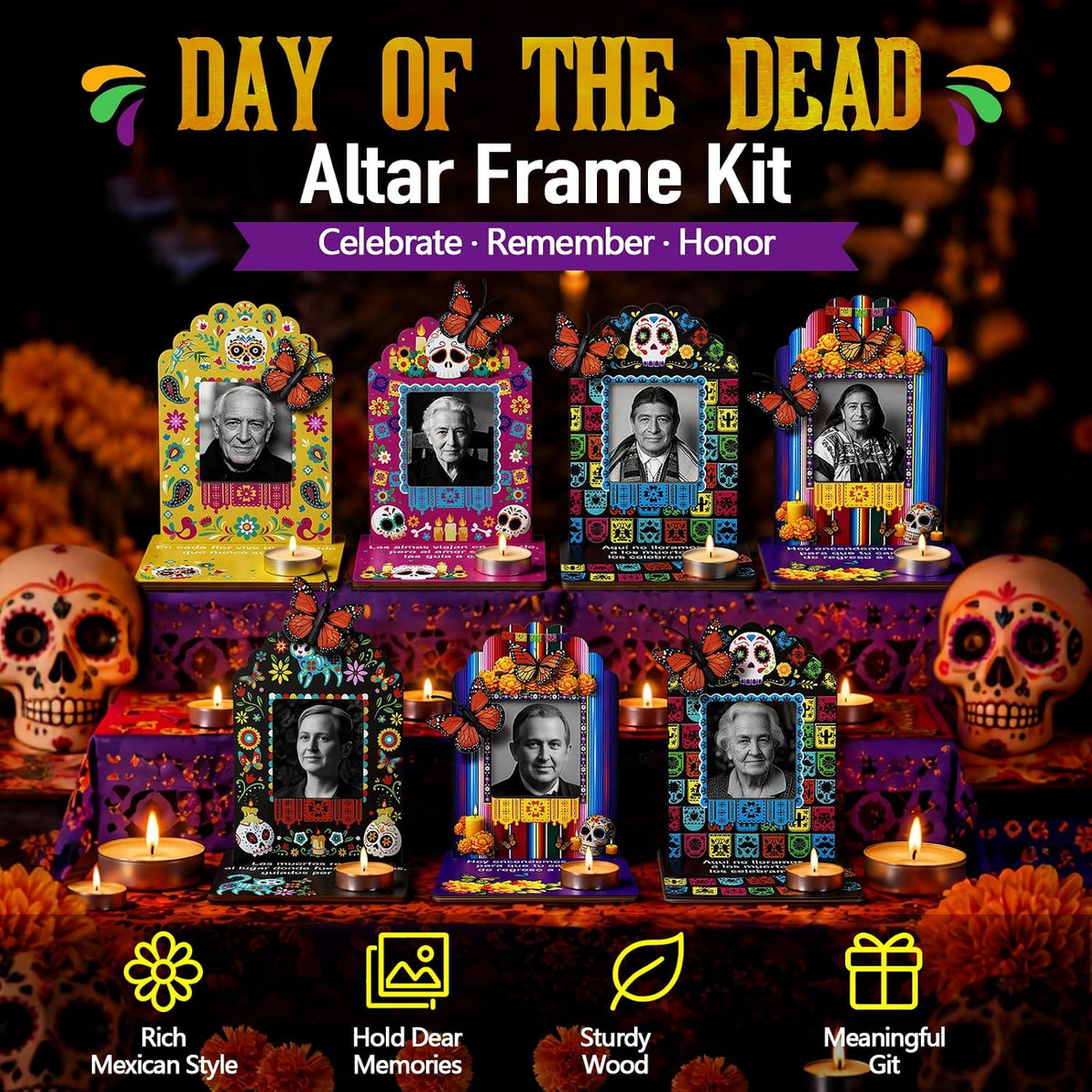 Día de los Muertos Complete Ofrenda Altar Kit – 10 Wooden Photo Frames with Marigolds & Accent Decor