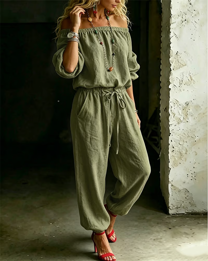 Off-Shoulder Tie Waist Cinched Waist Jumpsuit