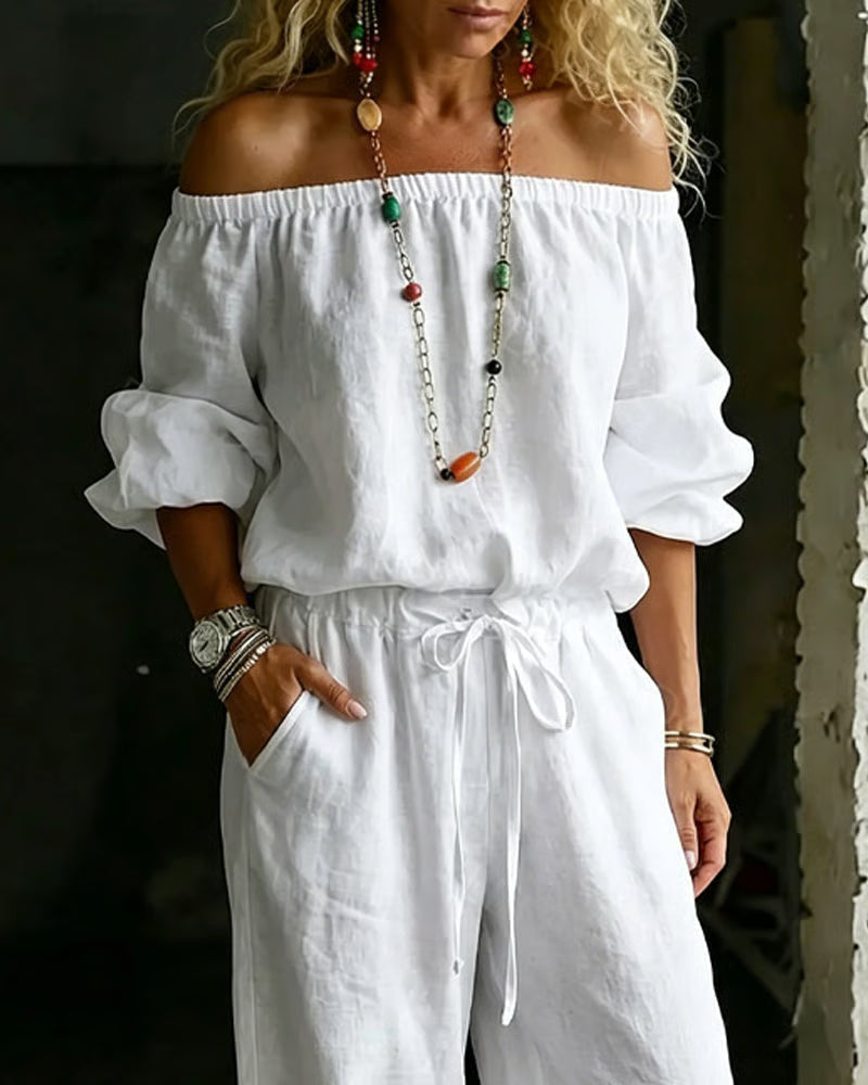 Off-Shoulder Tie Waist Cinched Waist Jumpsuit