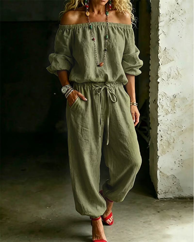 Off-Shoulder Tie Waist Cinched Waist Jumpsuit