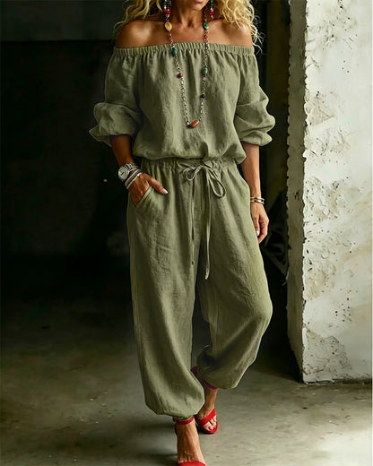 Off-Shoulder Tie Waist Cinched Waist Jumpsuit