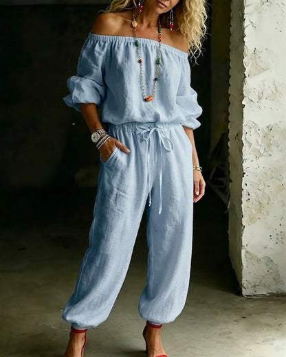 Off-Shoulder Tie Waist Cinched Waist Jumpsuit