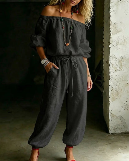 Off-Shoulder Tie Waist Cinched Waist Jumpsuit