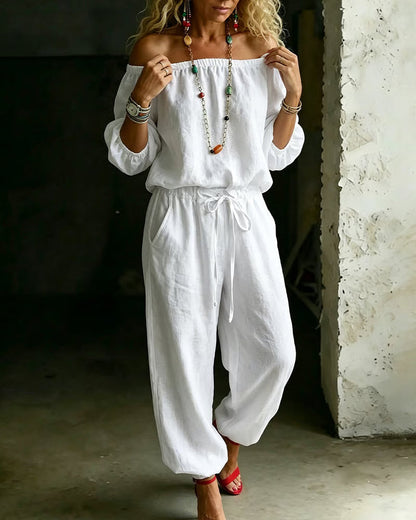 Off-Shoulder Tie Waist Cinched Waist Jumpsuit